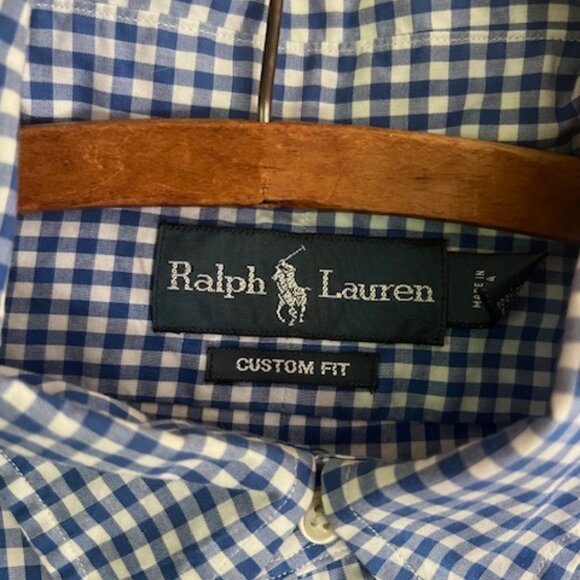 VINTAGE Ralph Lauren Custom Fit  Gingham Plaid  BLU/WHT Check Men's Shirt Large - Picture 7 of 9